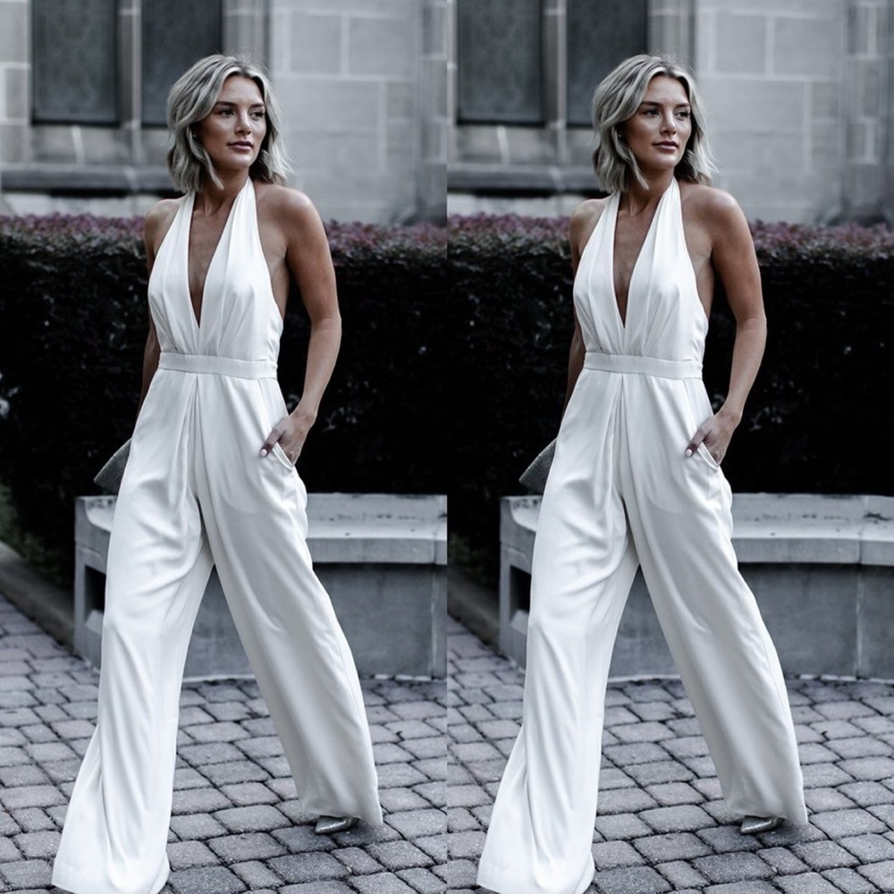 BHLDN Ivory Plunging Halter Wide-Leg Jumpsuit with Pockets
